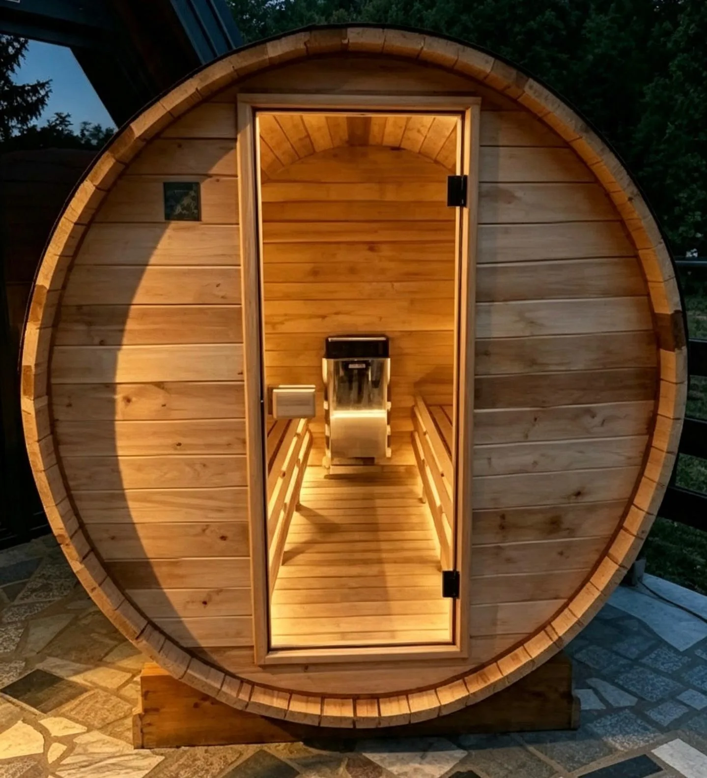 Sauna Bure s otvorenim vratima, unutrašnjost osvijetljena