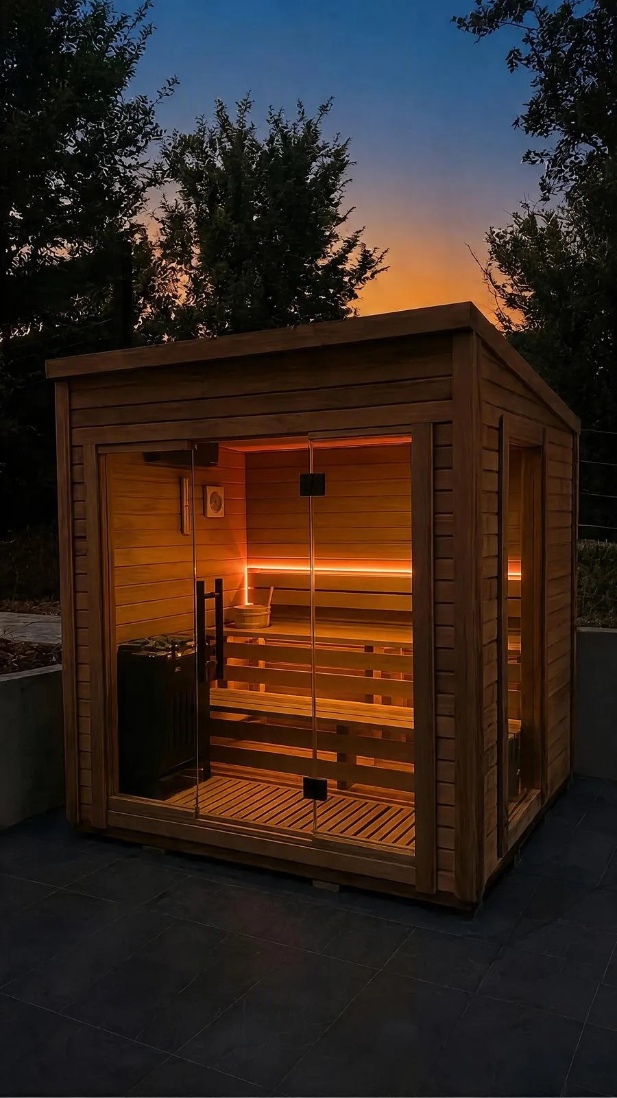 Sauna Oslo u sumrak, osvijetljena iznutra